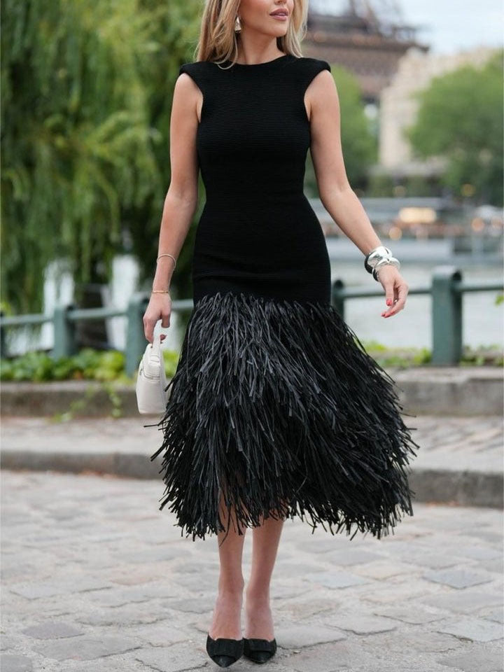 Lily Elegant Raffia Fringed Midi Dress