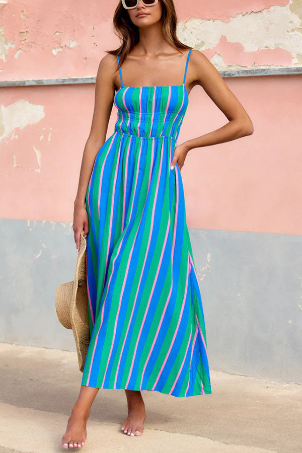 Nora Linen Blend Stripe Elastic Bodice Midi Dress