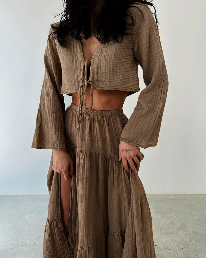 Grace Fashionable lace-up slit cotton and linen two-piece set