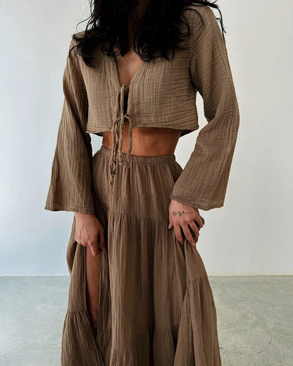 Grace Fashionable lace-up slit cotton and linen two-piece set