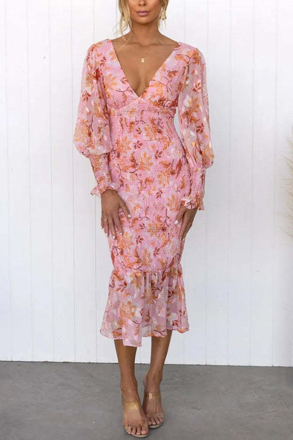 Julia Elegant Floral Smocked Waist Midi Dress
