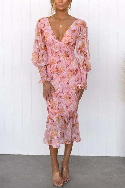 Julia Elegant Floral Smocked Waist Midi Dress