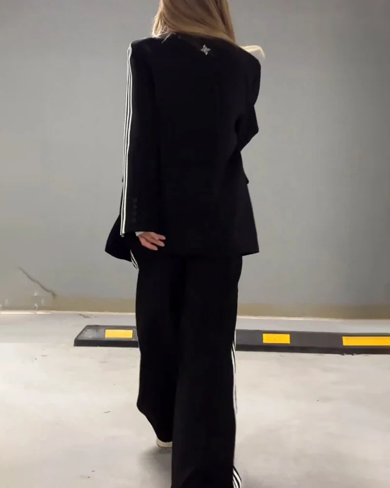 Fashionable Striped Blazer & Wide Leg Pants Two-Piece Set