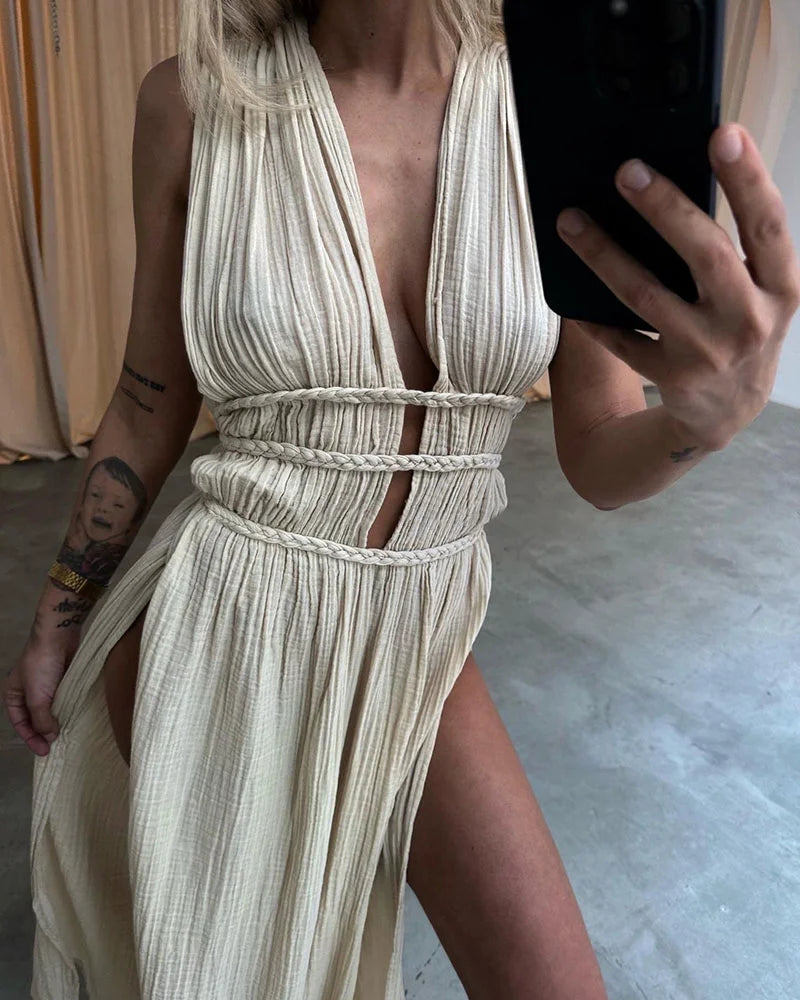 Harper Chic slit braided lace-up cotton and linen dress