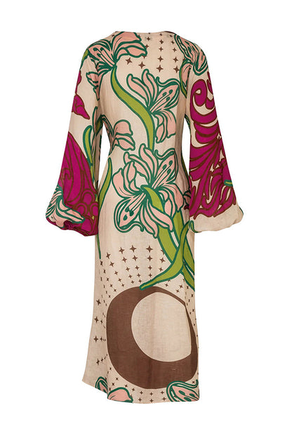 Olivia Stylish Balloon Sleeve Tie-Up Maxi Tunic Dress