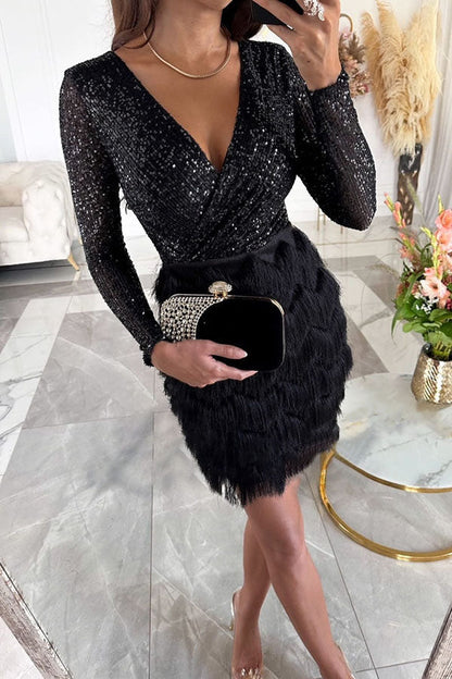 Nova Elegant Fringe Sequin Patchwork Dress