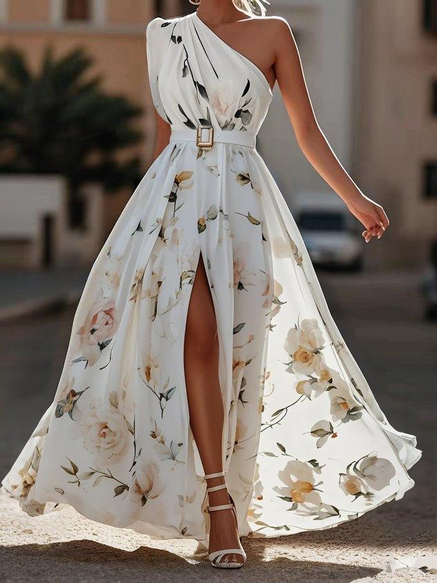 Daisy One Shoulder A-Line Maxi Chiffon Dress
