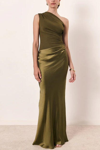 Faith Elegant One-Shoulder Ruched Satin Patchwork Dress