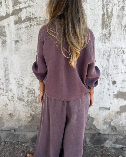 Mia Casual Solid Shirt & Wide Leg Two-Piece Set