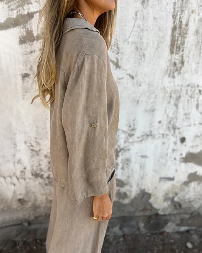 Mia Casual Solid Shirt & Wide Leg Two-Piece Set