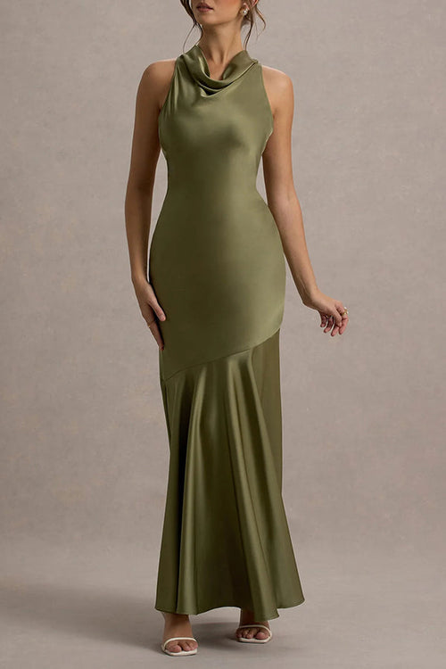 Tessa Elegant Satin Self-Tie Halter Neck Dress