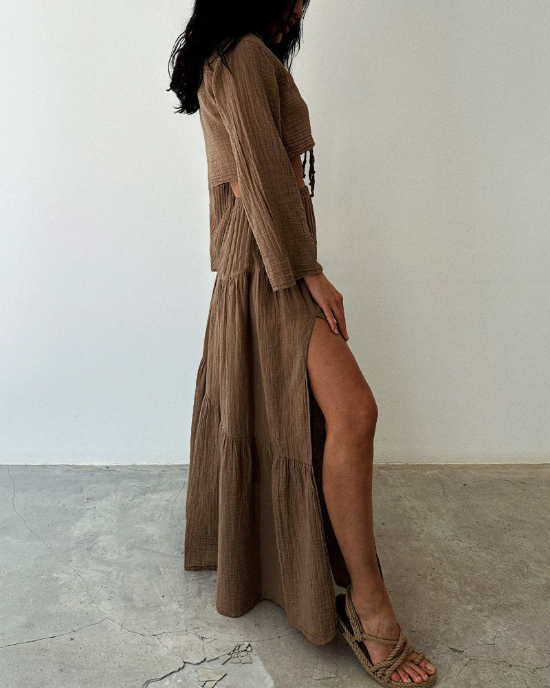 Grace Fashionable lace-up slit cotton and linen two-piece set
