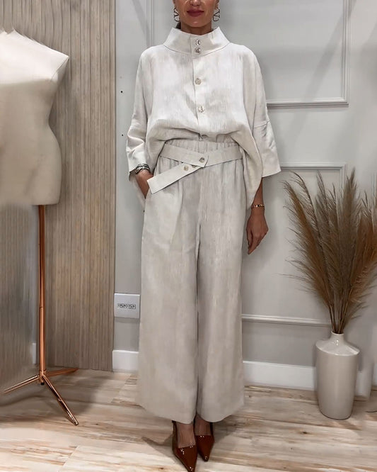 Amelia Stand collar design casual cotton and linen two-piece set