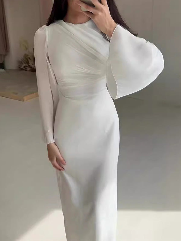 Fashion Solid Color Waistline Sexy Long-Sleeved Dress