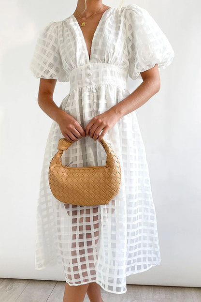 Layla Elegant Puff Sleeve Square Pattern Dress