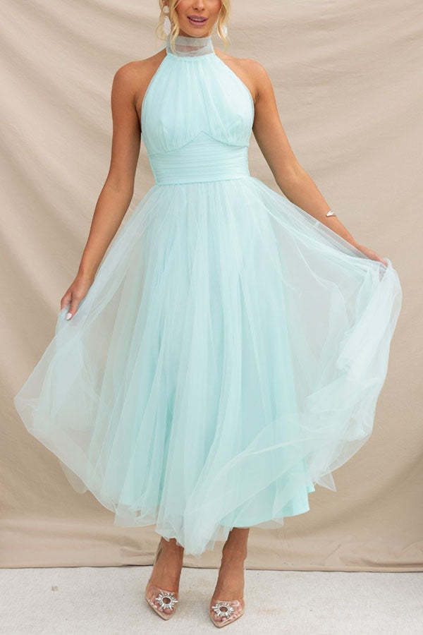 Sarah Elegant Tulle Gathered Detail Halter Dress