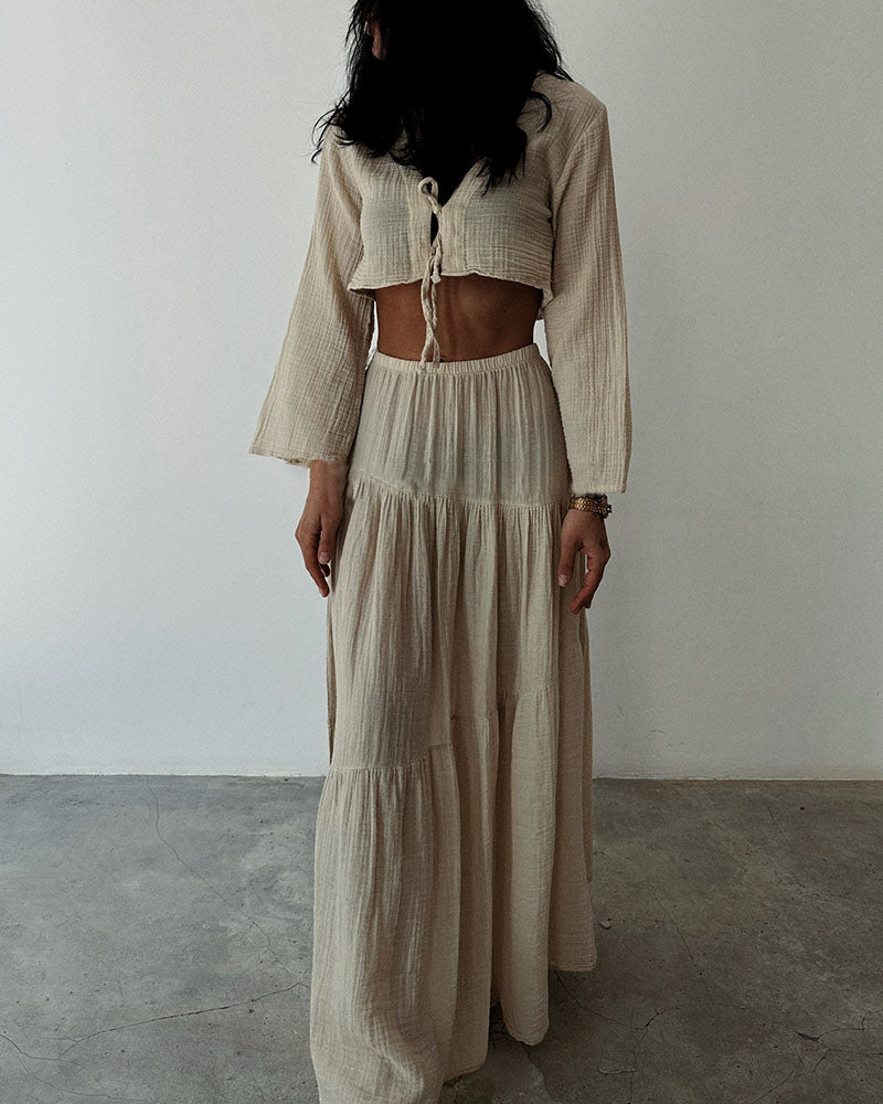 Grace Fashionable lace-up slit cotton and linen two-piece set