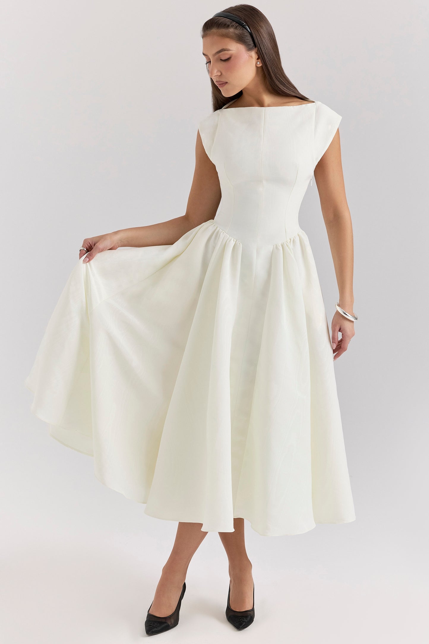 Emma Elegant Ivory Moire Satin Dress