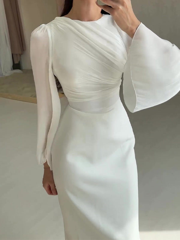 Fashion Solid Color Waistline Sexy Long-Sleeved Dress