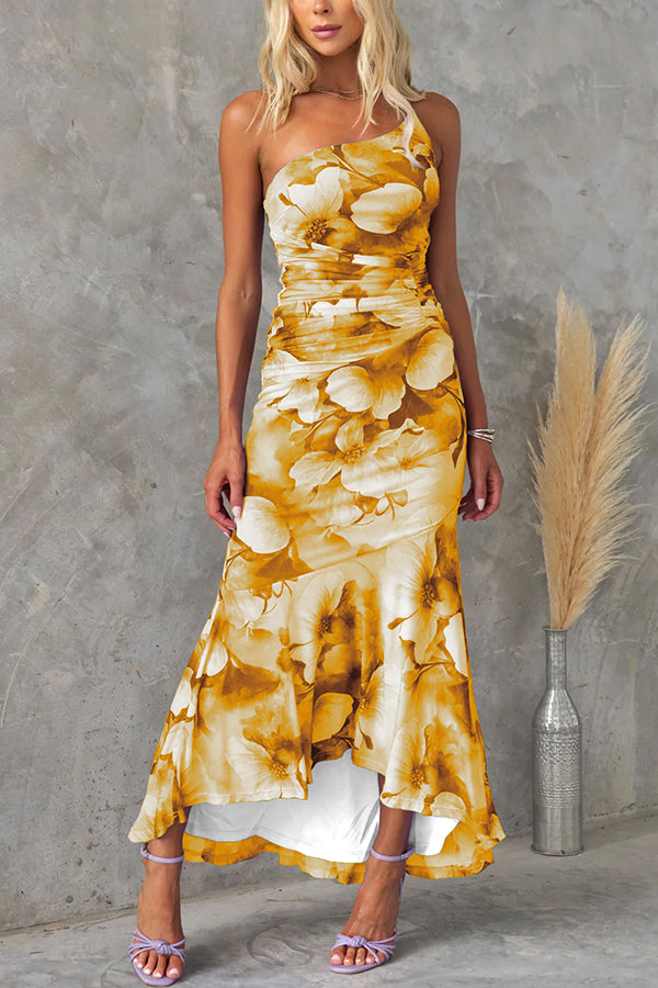 Malia  Elegant Floral Print Ruched Stretch Dress