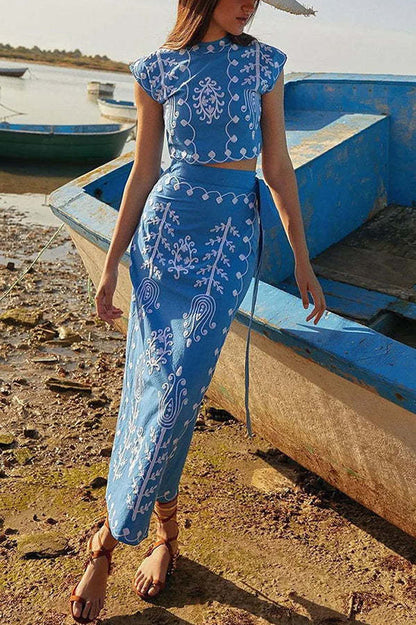Mia Stylish Ethnic Print Crop Top & Wrap Skirt Set