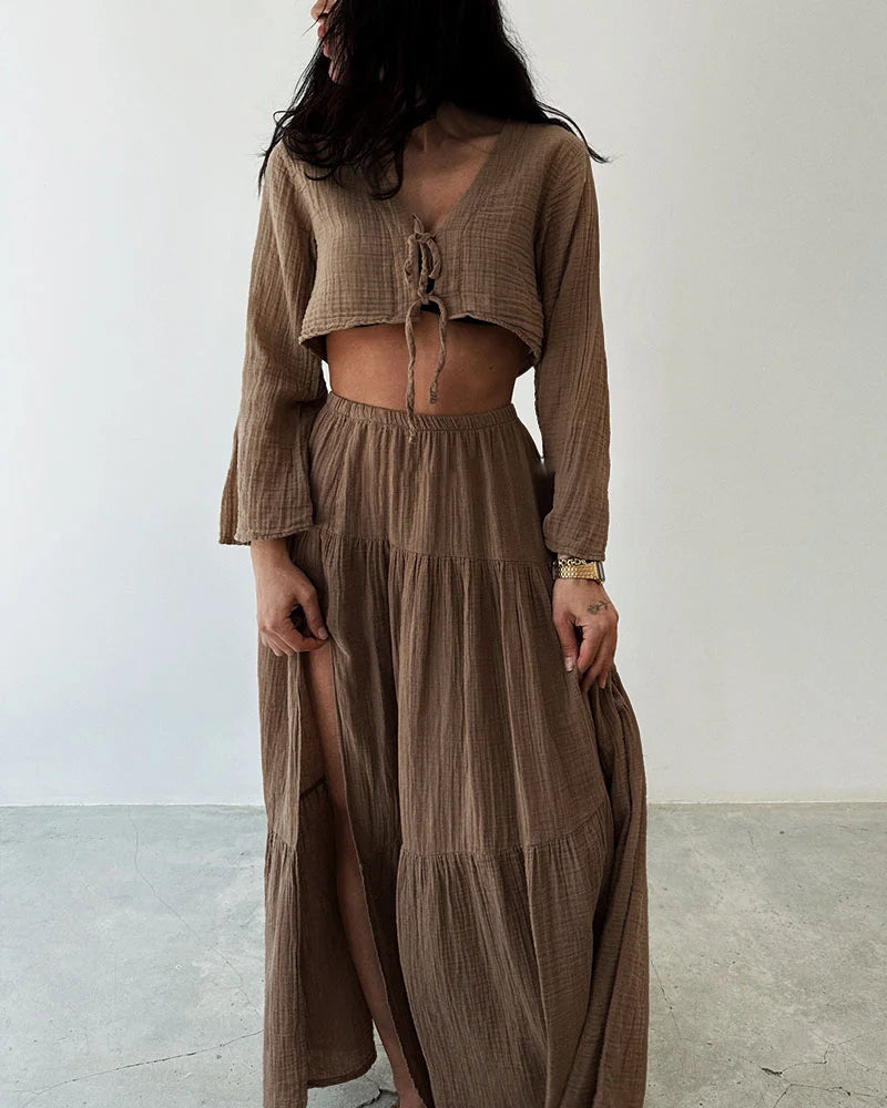 Grace Fashionable lace-up slit cotton and linen two-piece set