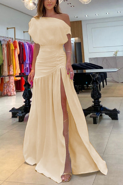 Leah Elegant Ruched One-Shoulder Maxi Gown