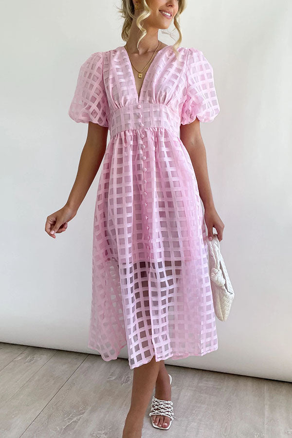 Layla Elegant Puff Sleeve Square Pattern Dress