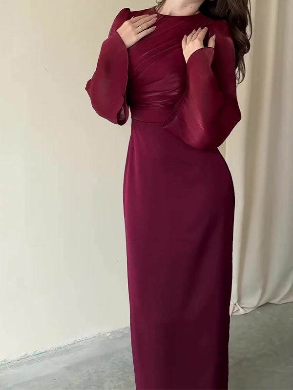 Fashion Solid Color Waistline Sexy Long-Sleeved Dress