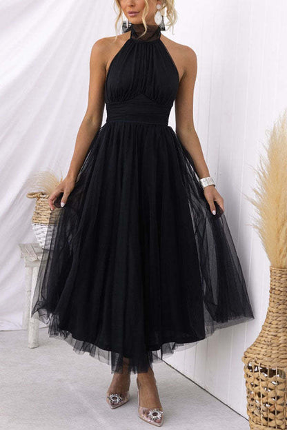 Sarah Elegant Tulle Gathered Detail Halter Dress