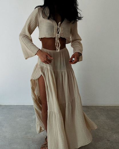 Grace Fashionable lace-up slit cotton and linen two-piece set