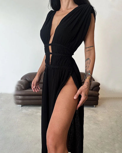 Harper Chic slit braided lace-up cotton and linen dress