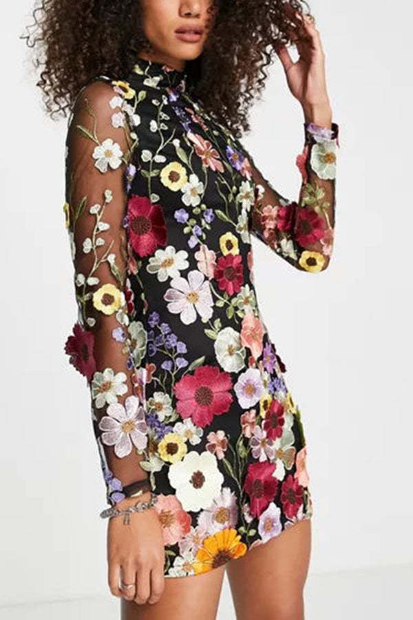 Sadie Elegantly Enchanted Floral Applique Backless Dress