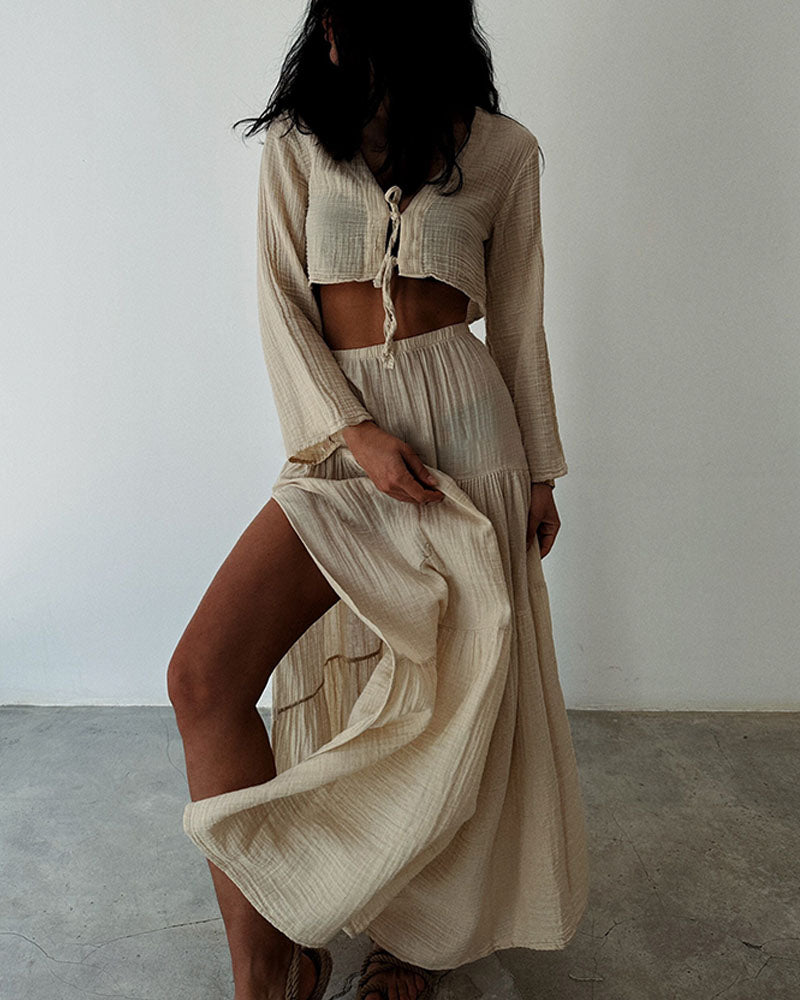 Grace Fashionable lace-up slit cotton and linen two-piece set
