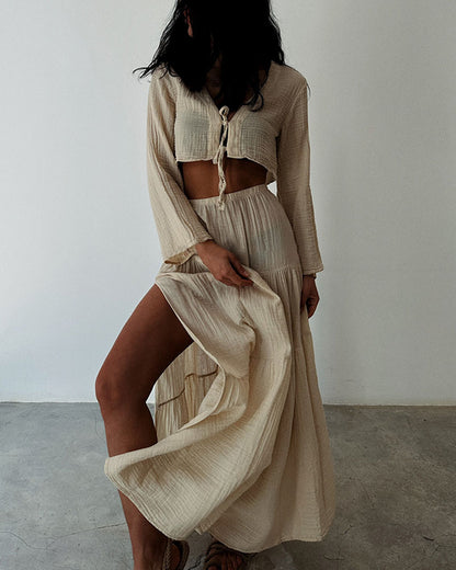 Grace Fashionable lace-up slit cotton and linen two-piece set