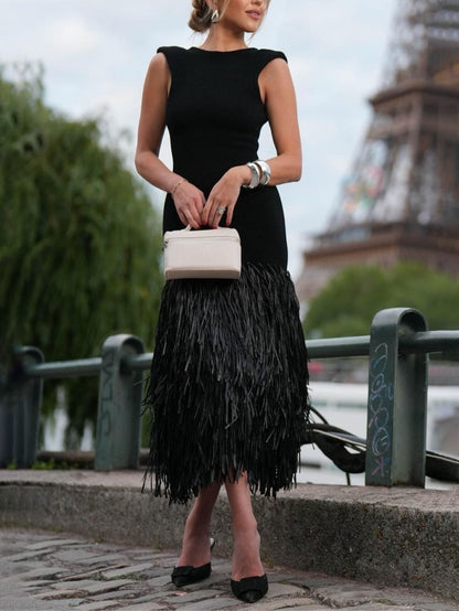 Lily Elegant Raffia Fringed Midi Dress