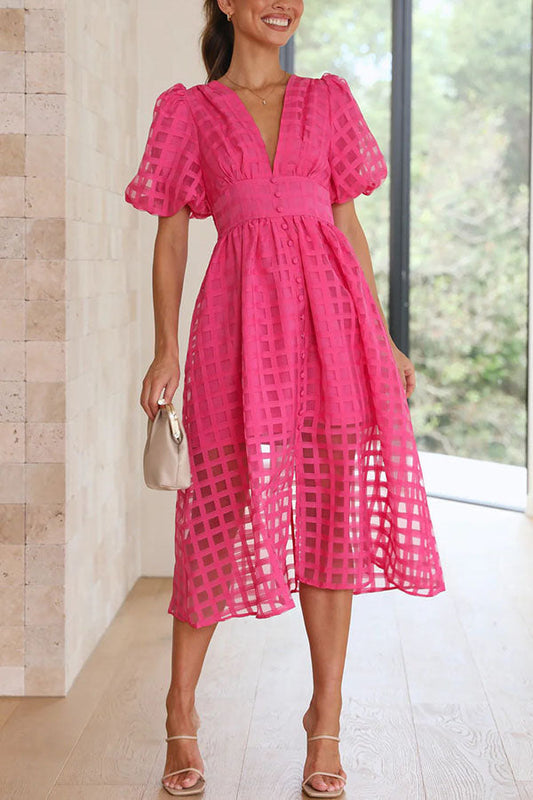 Layla Elegant Puff Sleeve Square Pattern Dress
