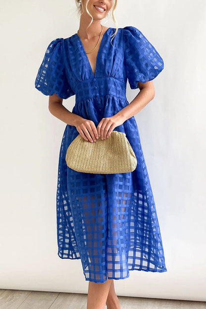 Layla Elegant Puff Sleeve Square Pattern Dress