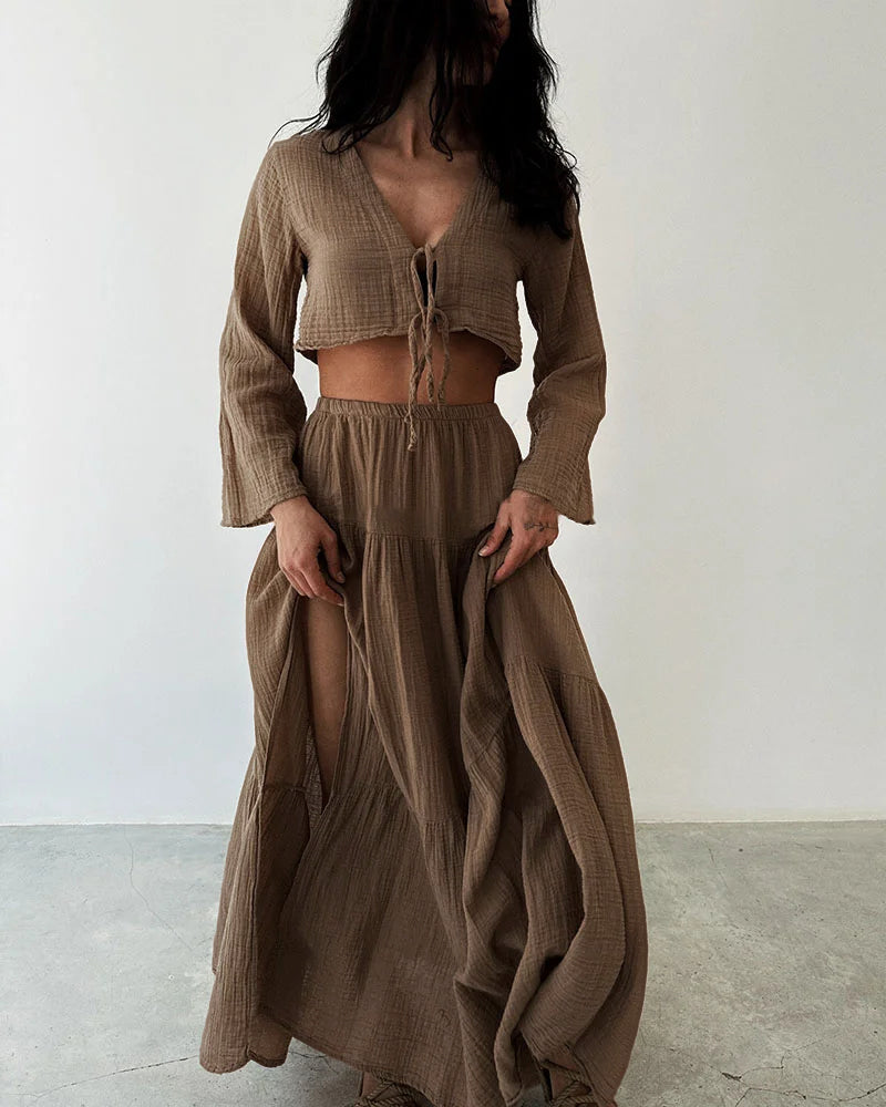 Grace Fashionable lace-up slit cotton and linen two-piece set
