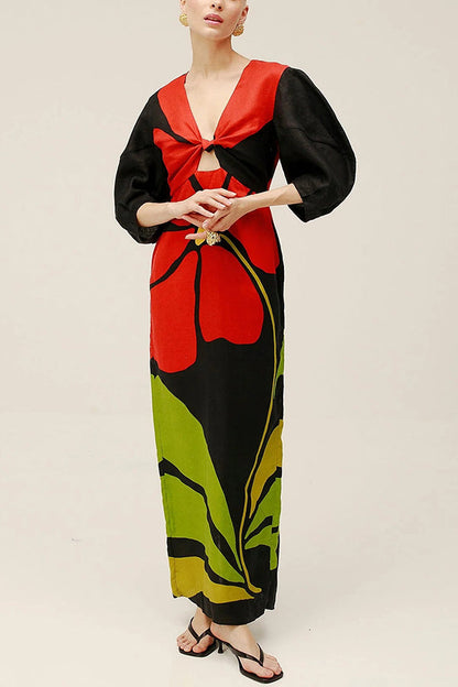 Stella Stylish Linen Blend Front Cutout Knot Maxi Dress
